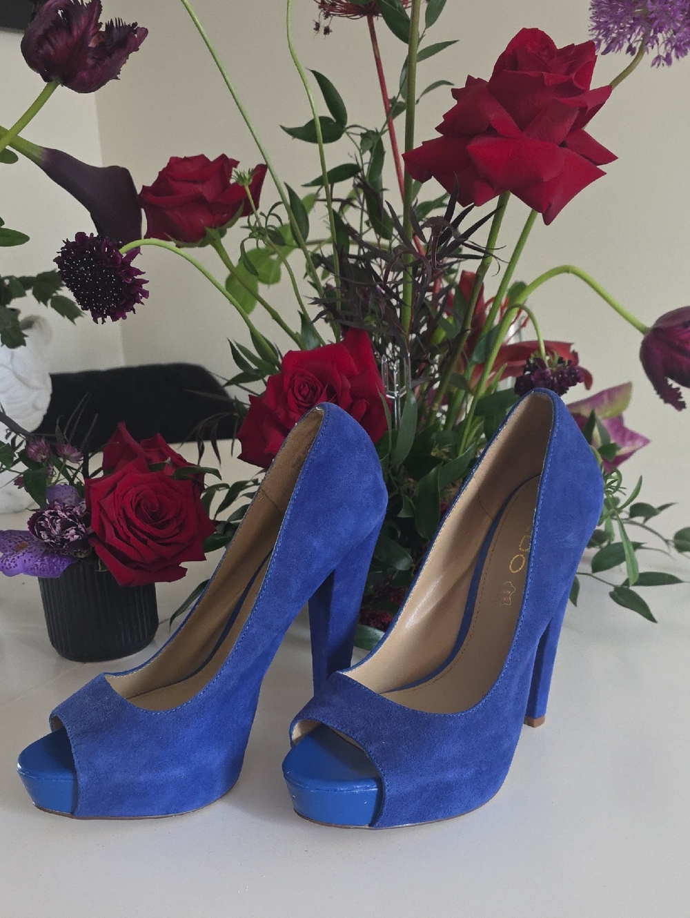 5/25$ Royal Blue Suede Peep-Toe High Heels